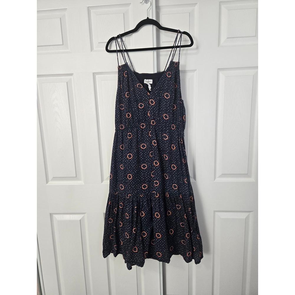 Apiece Apart Navy Blue Orange Geometric Circle Print Tiered Midi Dress Womens XL